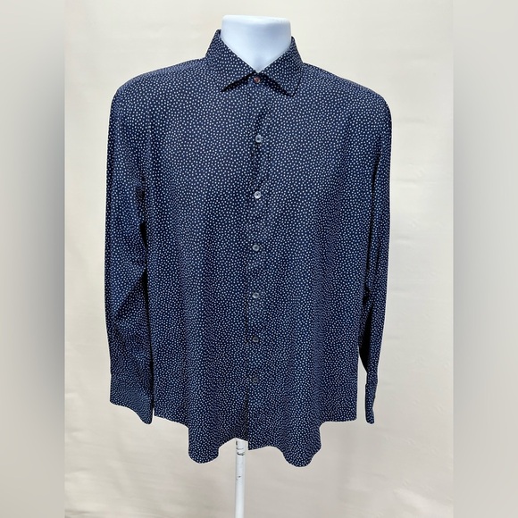 BUGATCHI Men’s Navy blue dot pattern contrast collar button down shirt size S. - Picture 9 of 14